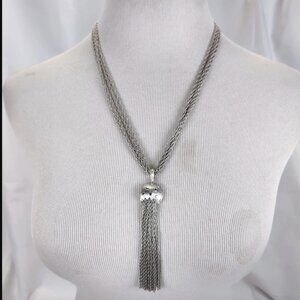 Vintage Trifari Mushroom Pendant Tassel Necklace 23in Silver Tone Twist Rope